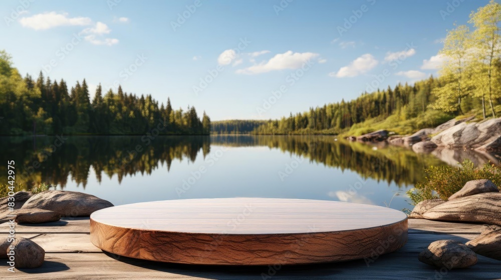 Obraz premium 3d circle podium product stand or display with water river background and cinematic light