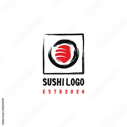 Hand drawn round sushi logo, brush style. Simple flat asian logo with square shape