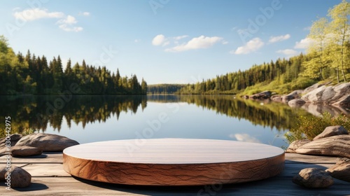3d circle podium product stand or display with water river background and cinematic light