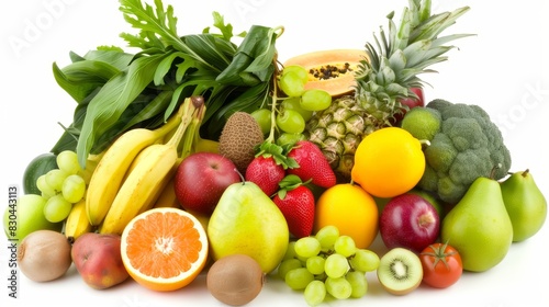 Fruits and vegetables isolated on a white background. Healthy food. Flat lay top view.