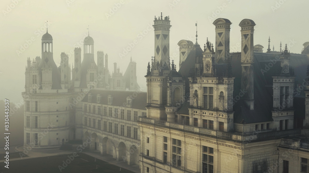 Ethereal view of a grand castle enveloped in dense morning mist, evoking mystery.