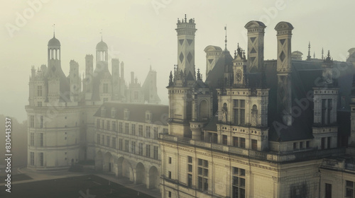 Ethereal view of a grand castle enveloped in dense morning mist  evoking mystery.