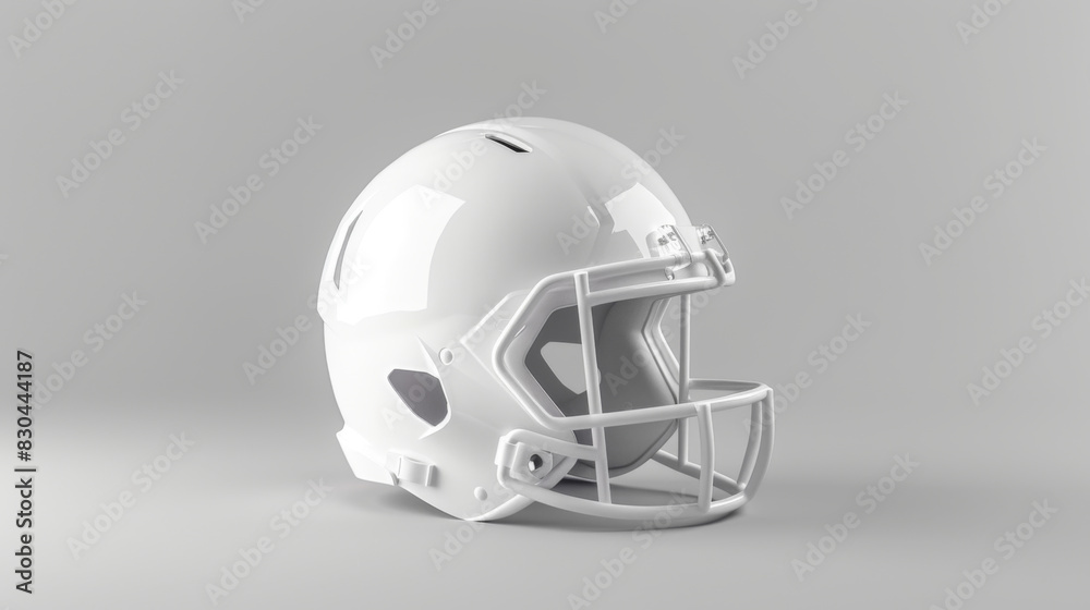 A white football helmet isolated on a gray background, suitable for sports equipment themes. A white football helmet isolated on a gray background, suitable for sports equipment themes.