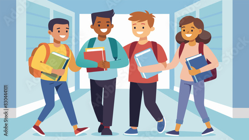 Arms overflowing with textbooks and notepads a group of study buddies joked and chatted as they made their way down the school hallway relieved to have each other for support.. Vector illustration