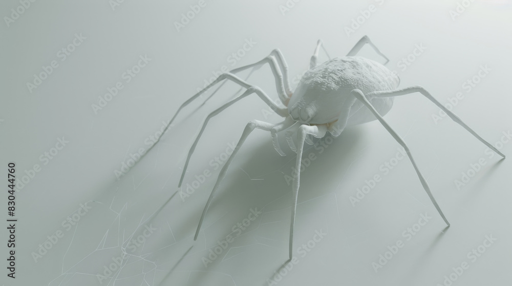A highly detailed and realistic white spider model posed on a light grey background, perfect for scientific and educational uses. A highly detailed and realistic white spider model posed on a light grey background, perfect for scientific and educational uses.