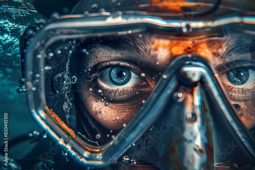 Determined Deep Sea Diver Uncovering a Hidden Underwater World with Unwavering Gaze photo