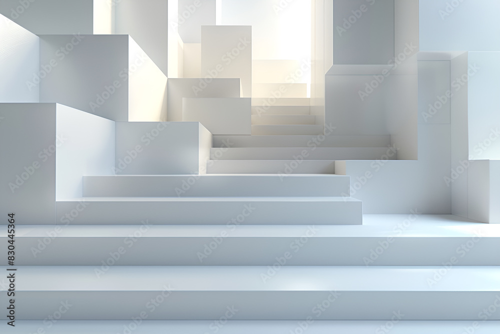 An interior 3D architectural rendering of a staircase in a bright An interior 3D architectural rendering of a staircase in a bright