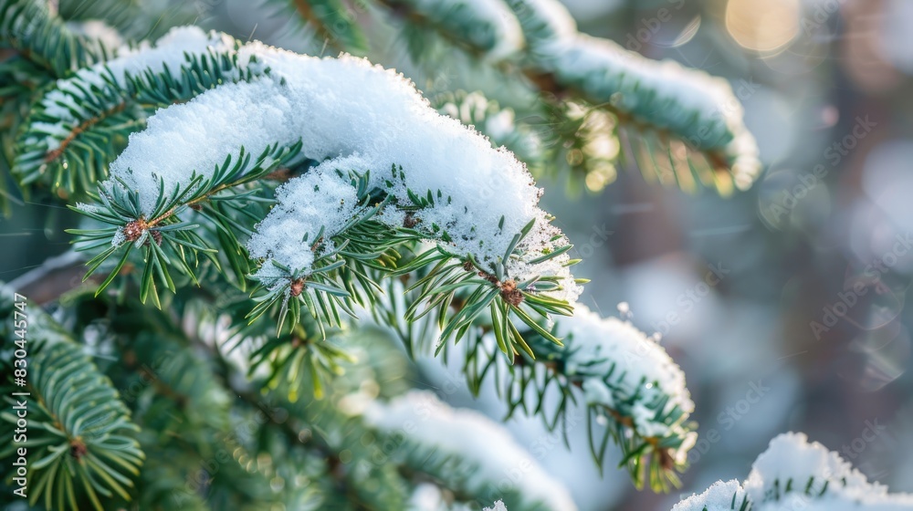 Snow covered branch of a fluffy green fir tree