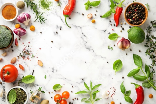 Top view of fresh vegetables, herbs, and spices on a white marble background with copy space. Healthy eating and cooking concept. © Siwatcha Studio