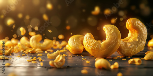 a cashew nut with golden glow and soft lighting, generative AI