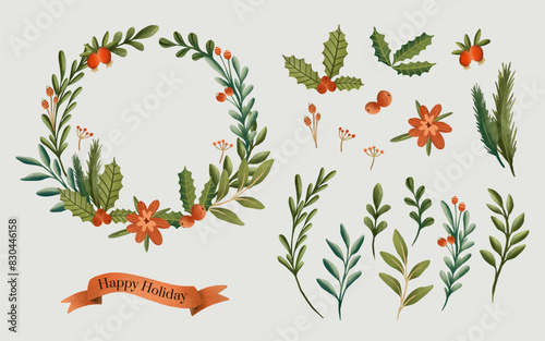 Christmas wreath with floral, fir branch, berries decoration