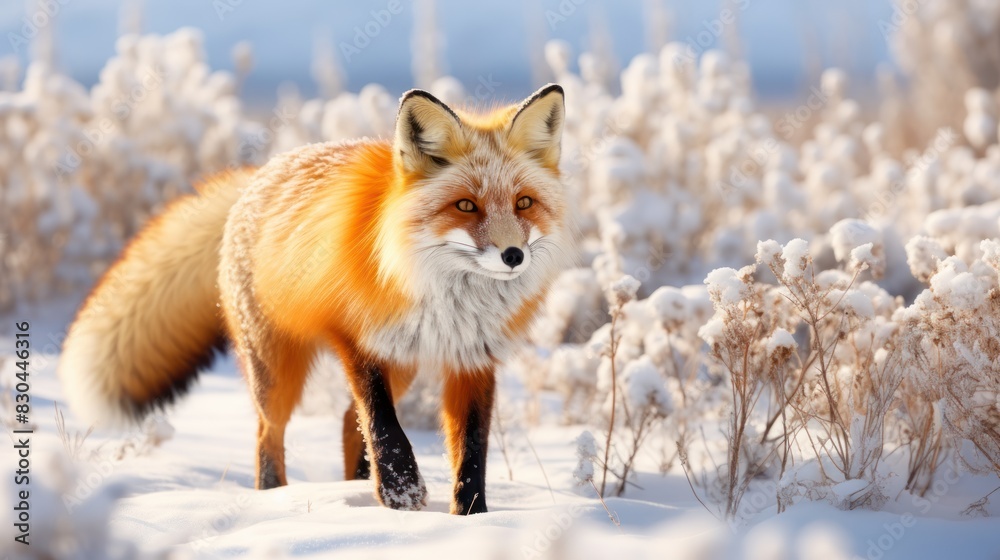 a graceful red fox trotting through a snow-covered meadow, a graceful red fox trotting through a snow-covered meadow,