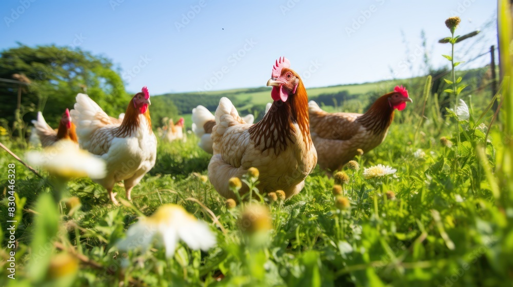 Fototapeta premium group of free-range hens foraging for food in a lush green pasture,