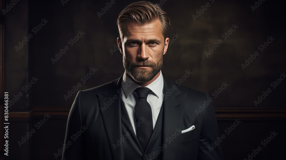 A serious-looking businessman in a black suit for a studio portrait A serious-looking businessman in a black suit for a studio portrait