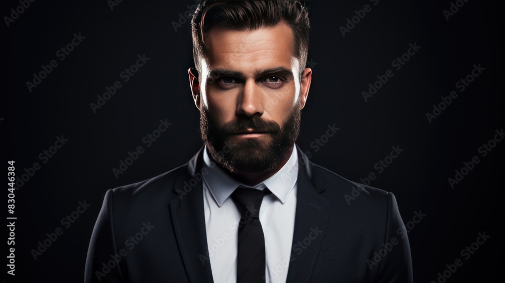 A serious-looking businessman in a black suit for a studio portrait A serious-looking businessman in a black suit for a studio portrait