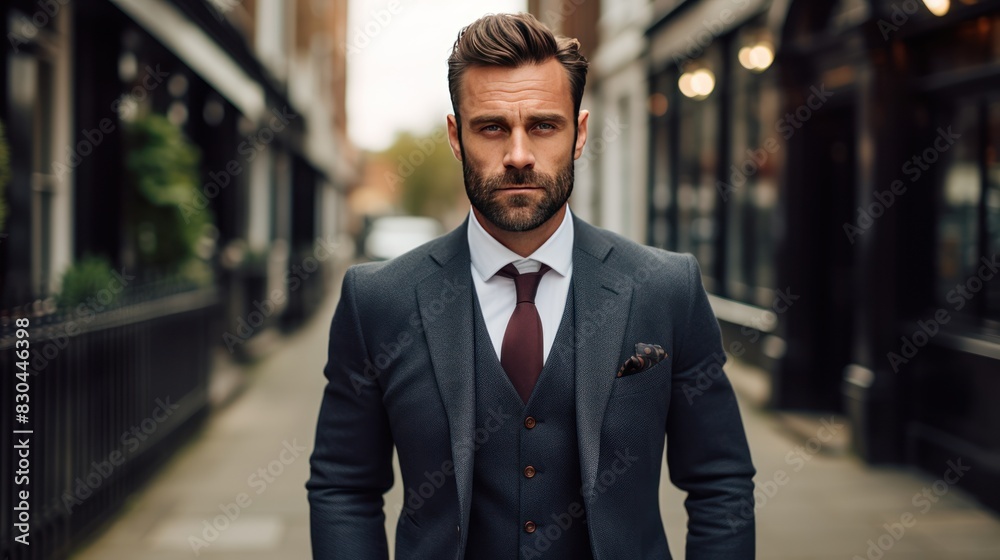 handsome, bearded man in his late 30s, wearing a tailored suit handsome, bearded man in his late 30s, wearing a tailored suit