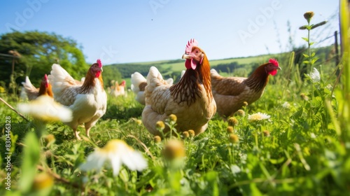 group of free-range hens foraging for food in a lush green pasture, photo