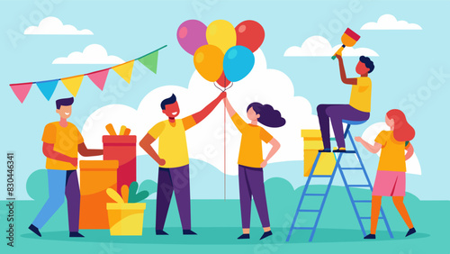 A team of volunteers work tirelessly to set up colorful banners and balloons transforming the street into a festive celebration.. Vector illustration