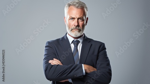 a lone architect standing confidently in front of a clear white background, arms crossed