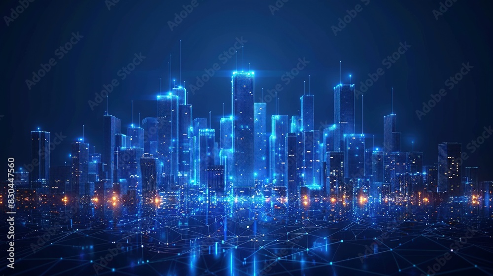 Wi-Fi Smart City Network: Low Poly Wireframe with Building Automation Wi-Fi Smart City Network: Low Poly Wireframe with Building Automation