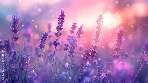 Lavender in bloom on pastel background, close up, focus on, vibrant and appealing colors, Double exposure silhouette with lavender fields
