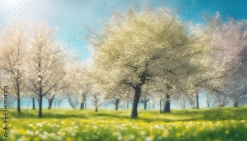 A Beautiful Blurred Background of Nature  Featuring a Blooming Glade  Trees  and a Blue Sky on a Sunny Day. Perfect for Capturing the Tranquil Beauty of Springtime. 