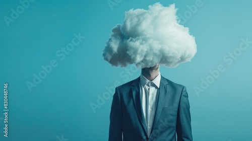 Individual in Suit with Fluffy Cloud Head on Bright Blue Background Concept Surreal Advertising Content Space.