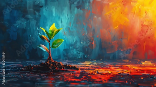 Vibrant plant sprouting against a colorful abstract background. Symbolizes growth, nature, and new beginnings.