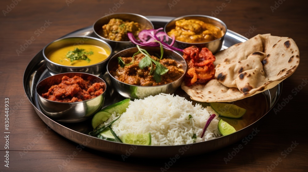 traditional Indian thali, a large platter filled with an array of different dishes, traditional Indian thali, a large platter filled with an array of different dishes,