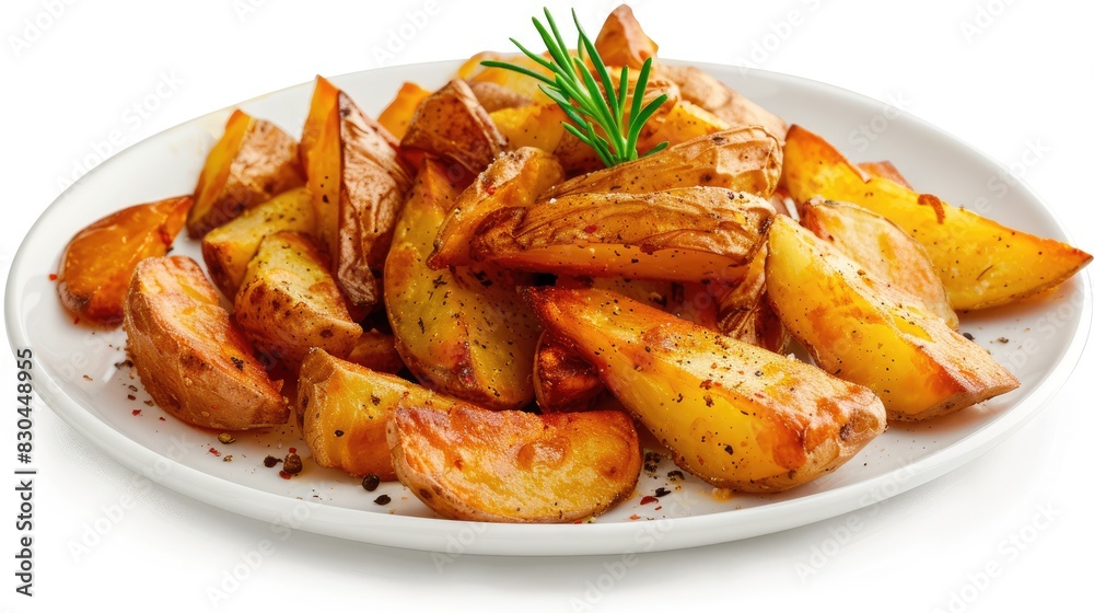 Plate containing fried potato wedges placed against a white background Plate containing fried potato wedges placed against a white background