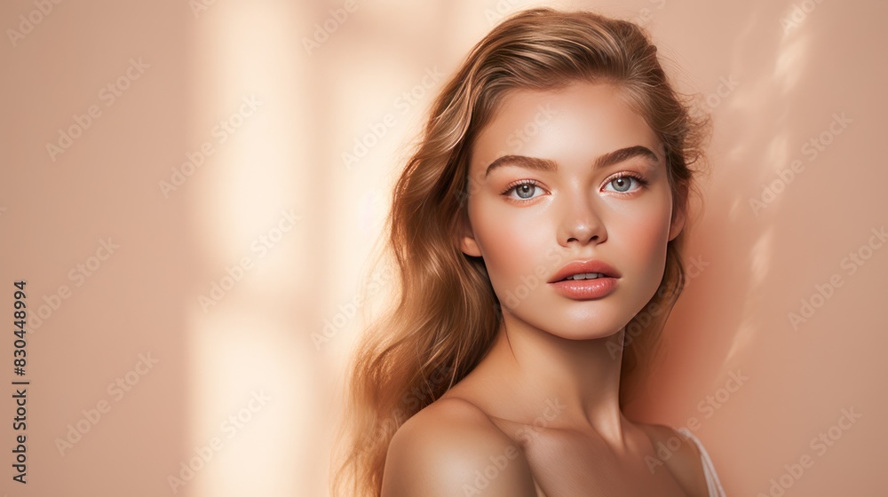 Naklejka premium a woman with flawless skin and glowing makeup, 