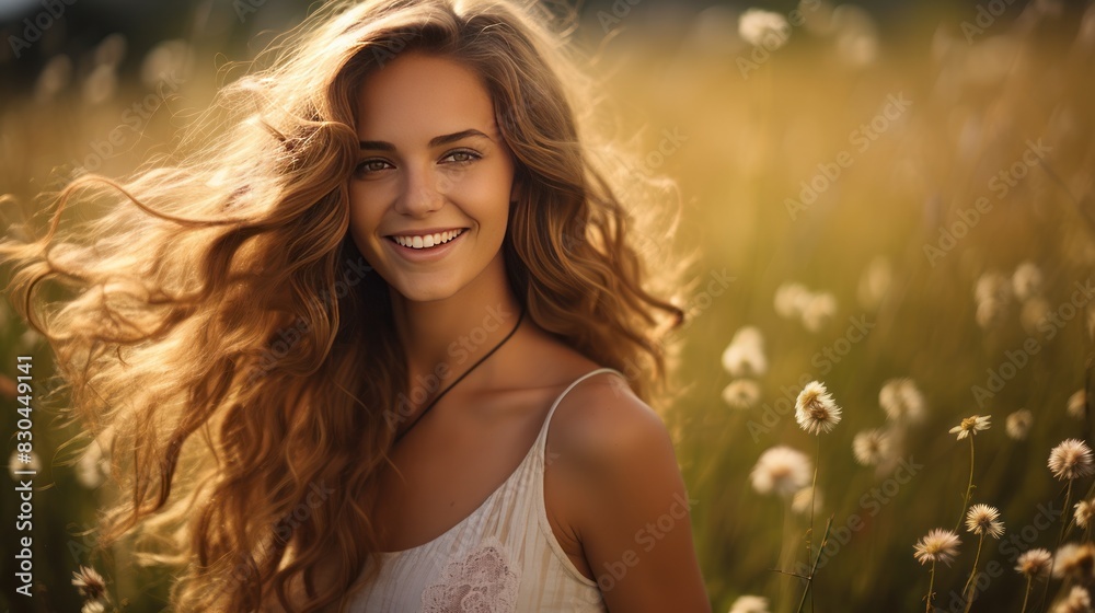 young woman with flowing hair and a radiant smile, standing confidently in a field of wildflowers young woman with flowing hair and a radiant smile, standing confidently in a field of wildflowers