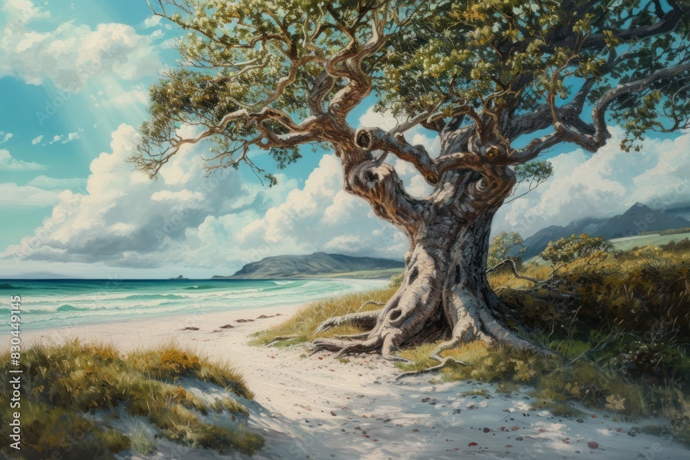Ancient beach tree landscape painting sea. Ancient beach tree landscape painting sea.