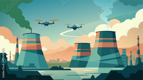 Despite the thick plumes of steam rising from the power plants cooling towers the eVTOL pilots navigated through the hazy air with ease their advanced navigation systems guiding. Vector illustration