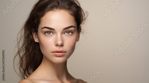 a young woman with flawless skin and natural makeup, 