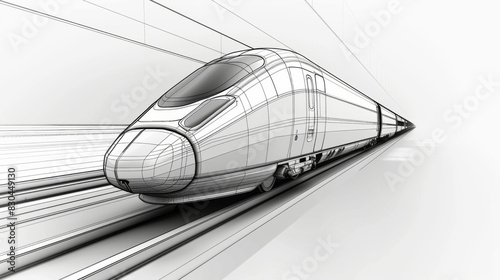 Black and white concept sketch of a futuristic high-speed train speeding through a streamlined tunnel.