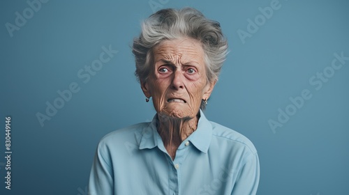 an elderly woman with a furrowed brow and a clenched jaw,  photo