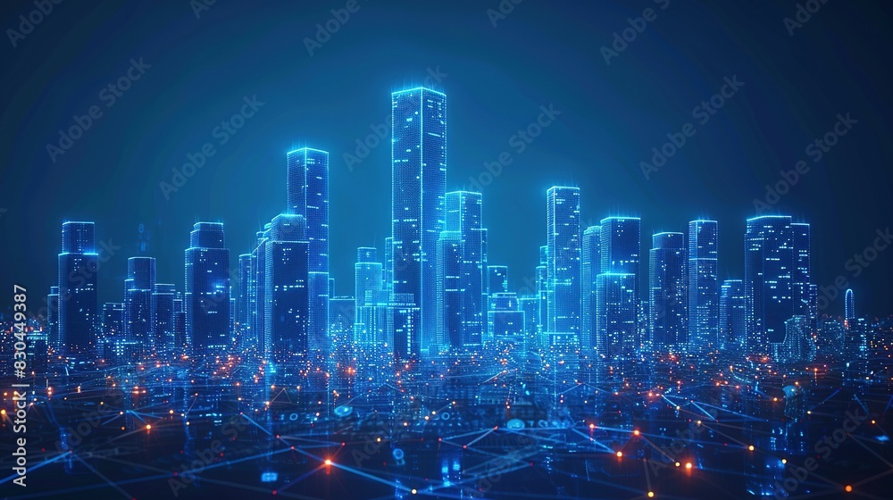 Wireless Smart City Network: Low Poly Wireframe Buildings and Automation Wireless Smart City Network: Low Poly Wireframe Buildings and Automation