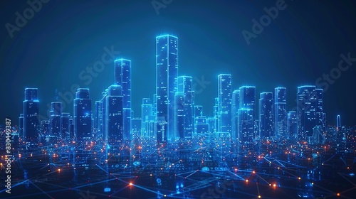 Wireless Smart City Network  Low Poly Wireframe Buildings and Automation