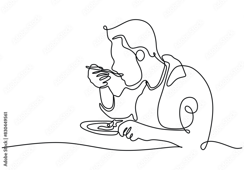 Obraz premium one continuous single line of man eating food on the table isolated on white background.