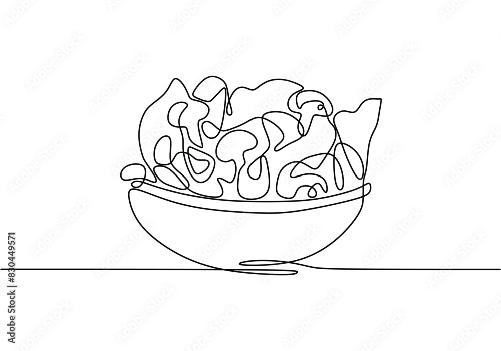 one continuous single line of salad on bowl isolated on white background. Healthy vegetarian food.