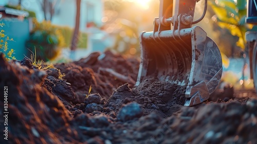 A backhoe working on a construction site, its arm extended and bucket full of freshly dug soil. photo