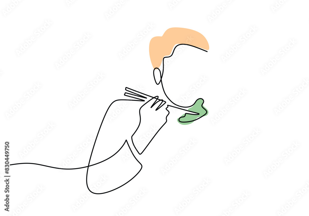 Obraz premium one continuous single line of man eating vegetable with chopstick on right hand on white background.