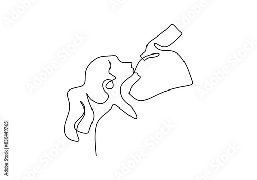 one continuous single line of girl drinking mineral water with her hand isolated on white background