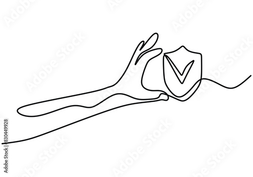 One continuous single line of hand hold shield symbol isolated on white background. Insurance vector