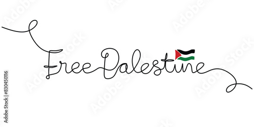 Free Palestine handwritten inscription with Palestine flag. One line drawing of phrase hand writing.