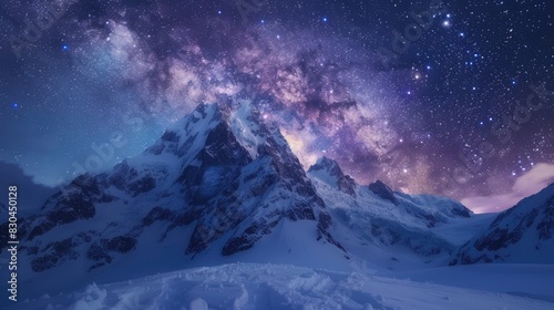 Snow covered high mountain beneath a star filled sky with the Milky Way visible on a dazzling winter night