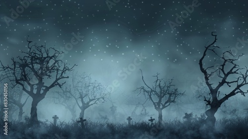 Spooky Graveyard with Bare Trees Under Starry Sky. Halloween Theme