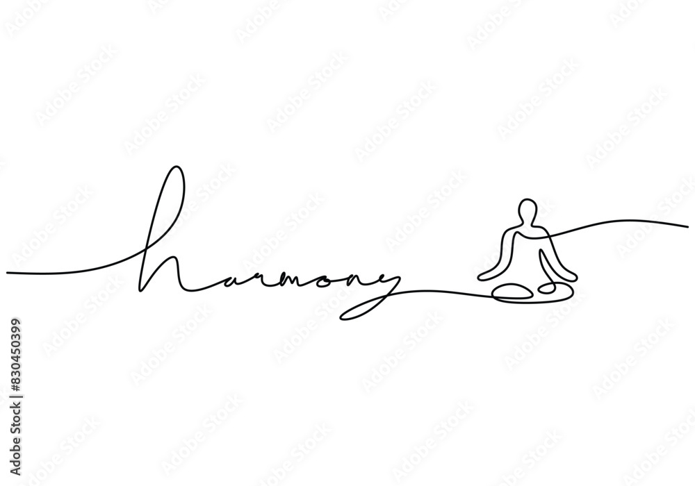 Harmony handwritten inscription with meditation people. One line drawing of phrase hand writing.