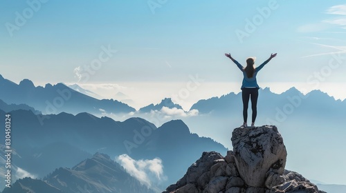 Woman standing on a mountain peak with arms raised  enjoying a panoramic view of misty mountains under a clear blue sky.